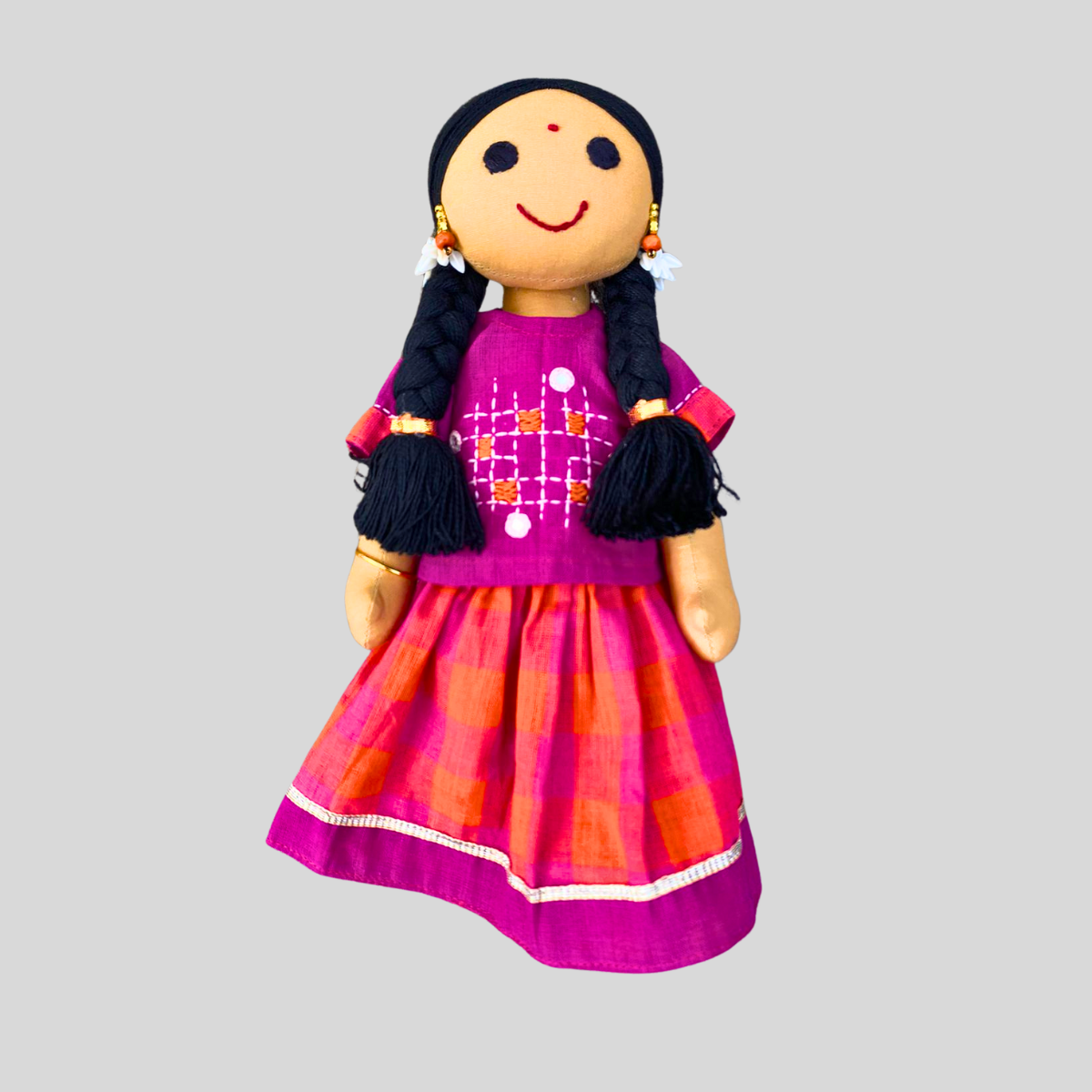 PINK AND ORANGE CHEQUERED PAAVADAI SATTAI (TOP+SKIRT+DOLL)