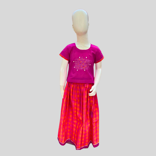 PINK AND ORANGE CHEQUERED PAAVADAI SATTAI (TOP+SKIRT+DOLL)