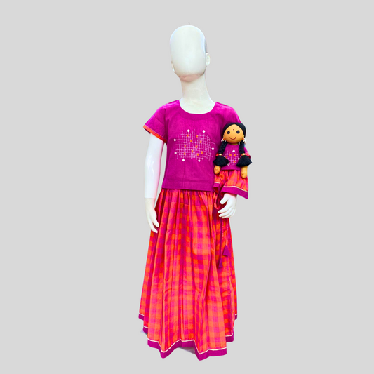 PINK AND ORANGE CHEQUERED PAAVADAI SATTAI (TOP+SKIRT+DOLL)