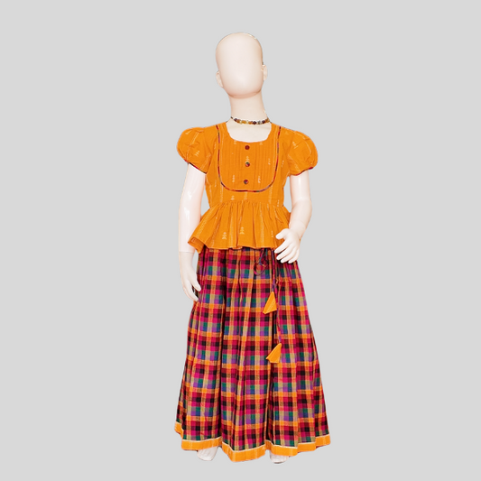 Pleated yoke Peplum Top and Skirt set (Paavadai Sattai) – Teal Blue/ Yellow top & Multi-coloured Skirt