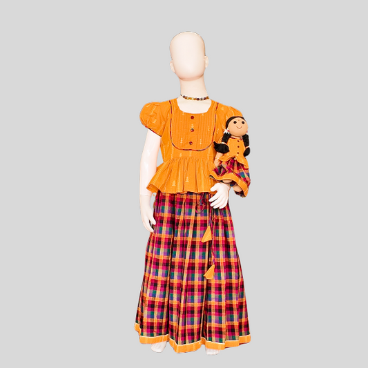 Pleated yoke Peplum Top and Skirt set (Paavadai Sattai) – Teal Blue/ Yellow top & Multi-coloured Skirt