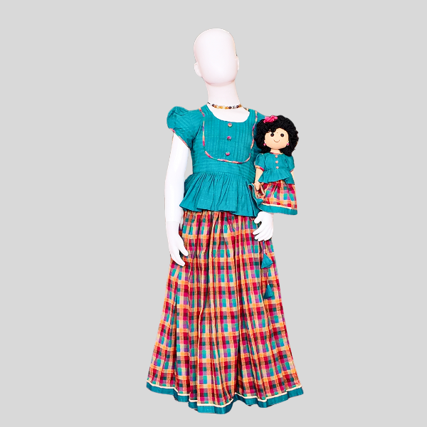 Pleated yoke Peplum Top and Skirt set (Paavadai Sattai) – Teal Blue/ Yellow top & Multi-coloured Skirt