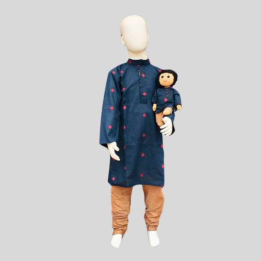 NAVY BLUE KURTA WITH RED BUTTAS SET (KURTA + PANT+ DOLL)