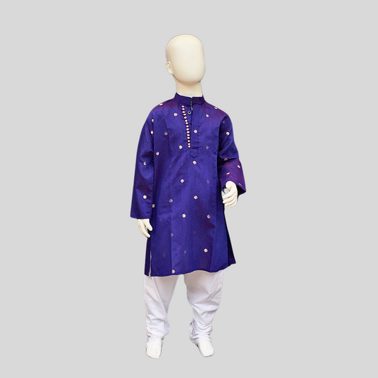 PURPLE SILK COTTON KURTA WITH GOLD BUTTAS SET (KURTA + PANT+ DOLL)