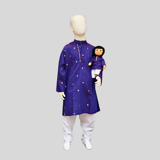 PURPLE SILK COTTON KURTA WITH GOLD BUTTAS SET (KURTA + PANT+ DOLL)