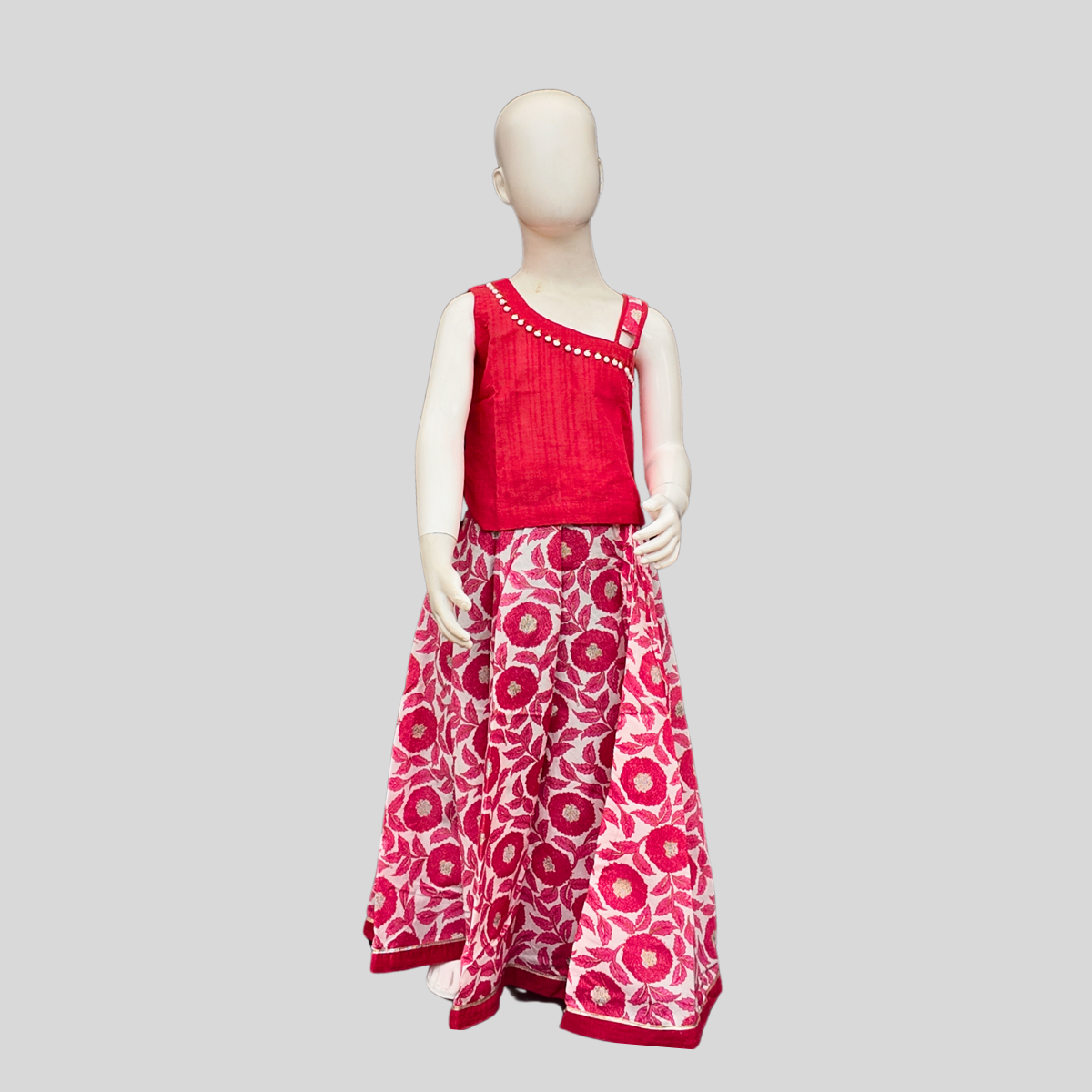 FLORAL PINK PAAVADAI SATTAI (TOP+SKIRT+DOLL)