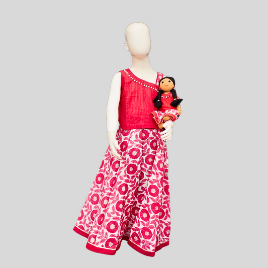 FLORAL PINK PAAVADAI SATTAI (TOP+SKIRT+DOLL)