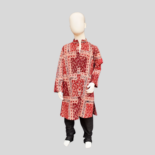 KALAMKARI FULL FRONT OPEN KURTA SET (KURTA + PANT+ DOLL)