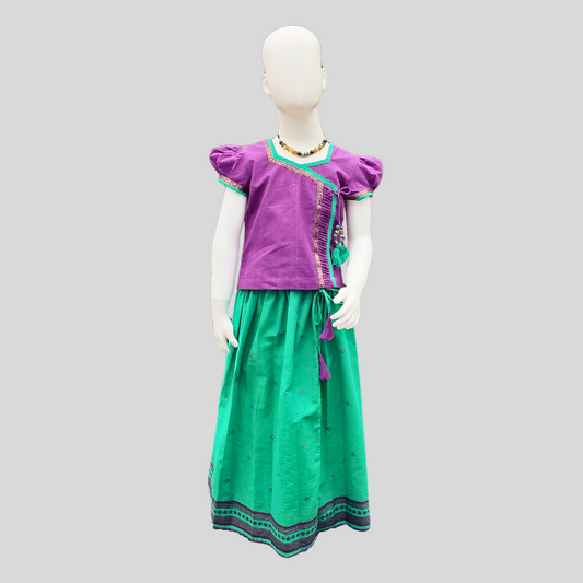 Twisted Pin-Tuck Angarkha Top and Skirt set (Paavadai Sattai)- Violet top & Mint green/orange skirt