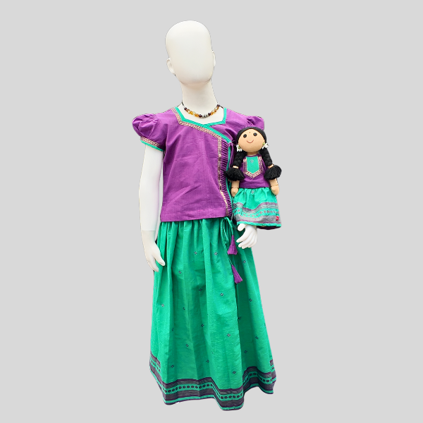 Twisted Pin-Tuck Angarkha Top and Skirt set (Paavadai Sattai)- Violet top & Mint green/orange skirt