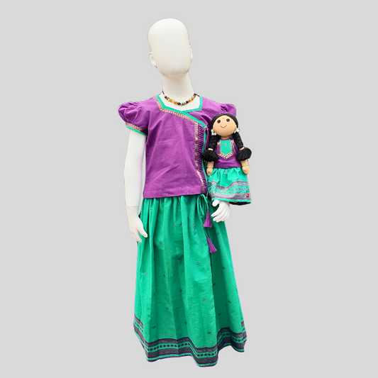 Twisted Pin-Tuck Angarkha Top and Skirt set (Paavadai Sattai)- Violet top & Mint green/orange skirt