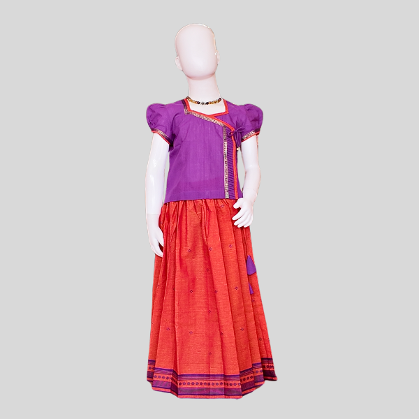 Twisted Pin-Tuck Angarkha Top and Skirt set (Paavadai Sattai)- Violet top & Mint green/orange skirt