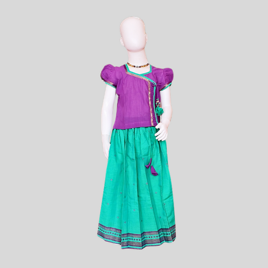 Twisted Pin-Tuck Angarkha Top and Skirt set (Paavadai Sattai)- Violet top & Mint green/orange skirt
