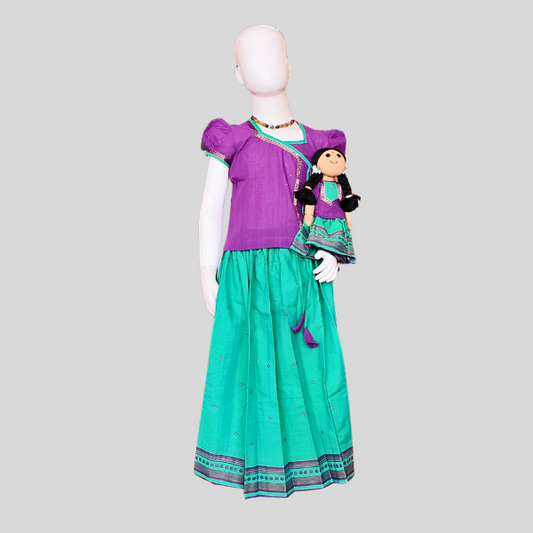 Twisted Pin-Tuck Angarkha Top and Skirt set (Paavadai Sattai)- Violet top & Mint green/orange skirt