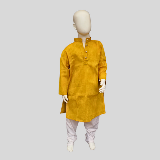 BRIGHT YELLOW STARCHED COTTON KURTA SET (KURTA + PANT+ DOLL)