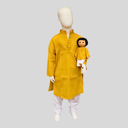 BRIGHT YELLOW STARCHED COTTON KURTA SET (KURTA + PANT+ DOLL)