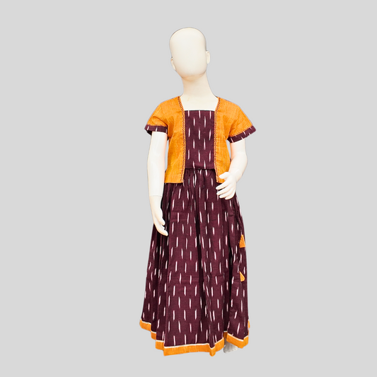 DARK MAROON IKAT AND ORANGE PAAVADAI SATTAI (TOP+SKIRT+DOLL)