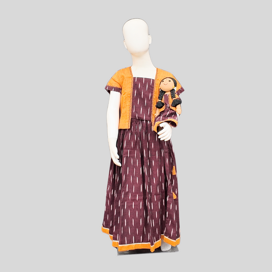 DARK MAROON IKAT AND ORANGE PAAVADAI SATTAI (TOP+SKIRT+DOLL)